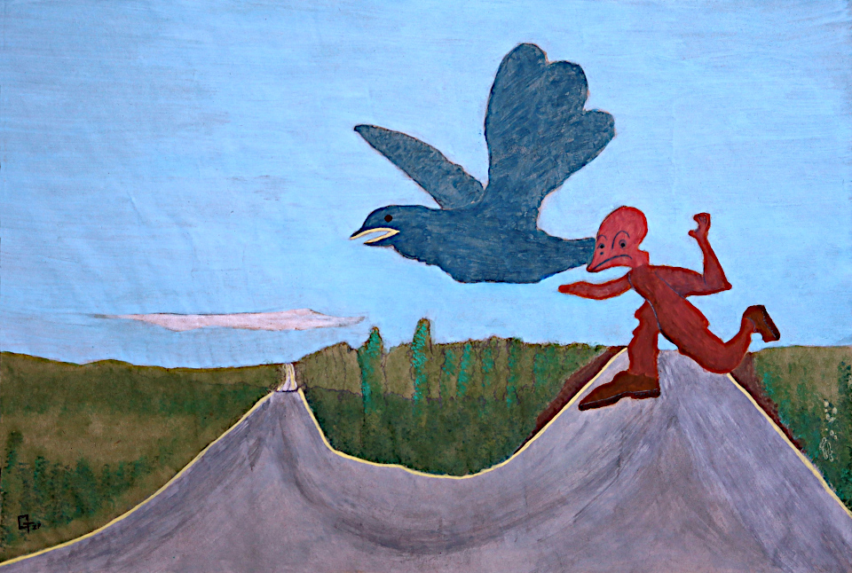 Oiseau-bleu survolant l’homme-oiseau sur la route de son évolution